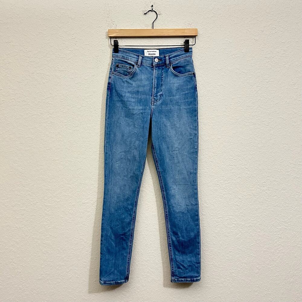 REFORMATION High & Skinny Crop Jeans Barbados Blue Denim Moto